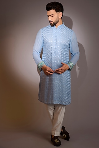 Pale Blue Georgette Sequins Work Kurta Set by Rabani & Rakha Men