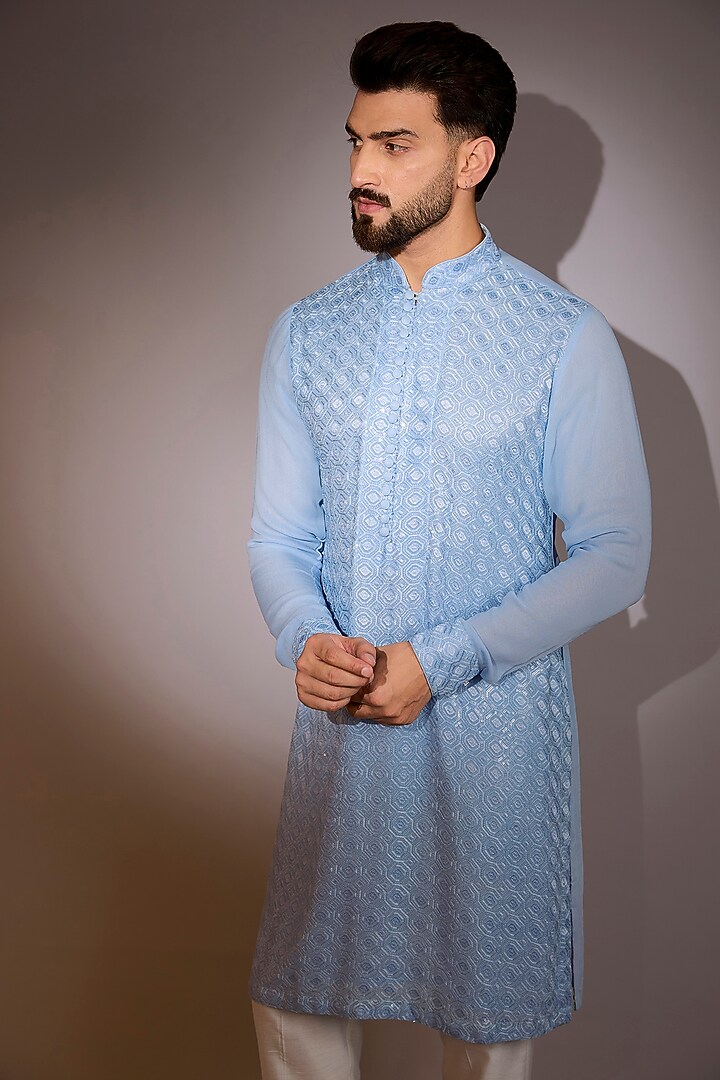 Pale Blue Georgette Sequins Work Kurta Set by Rabani & Rakha Men at Pernia's Pop Up Shop