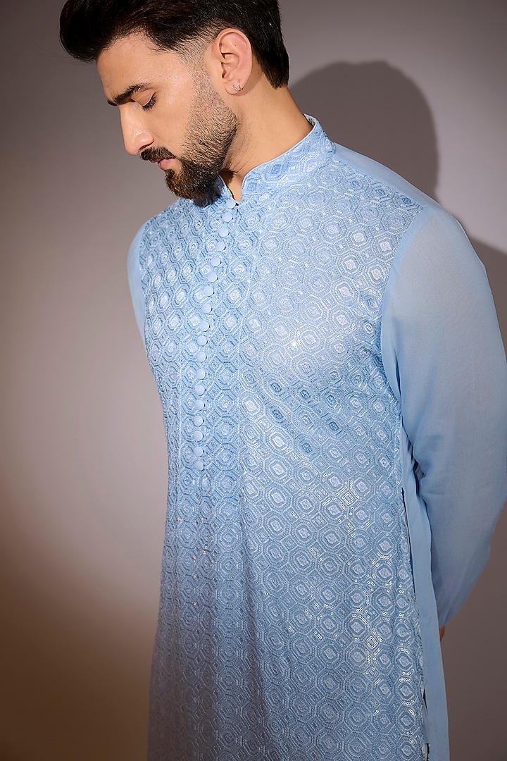 Pale Blue Georgette Sequins Work Kurta Set by Rabani & Rakha Men at Pernia's Pop Up Shop