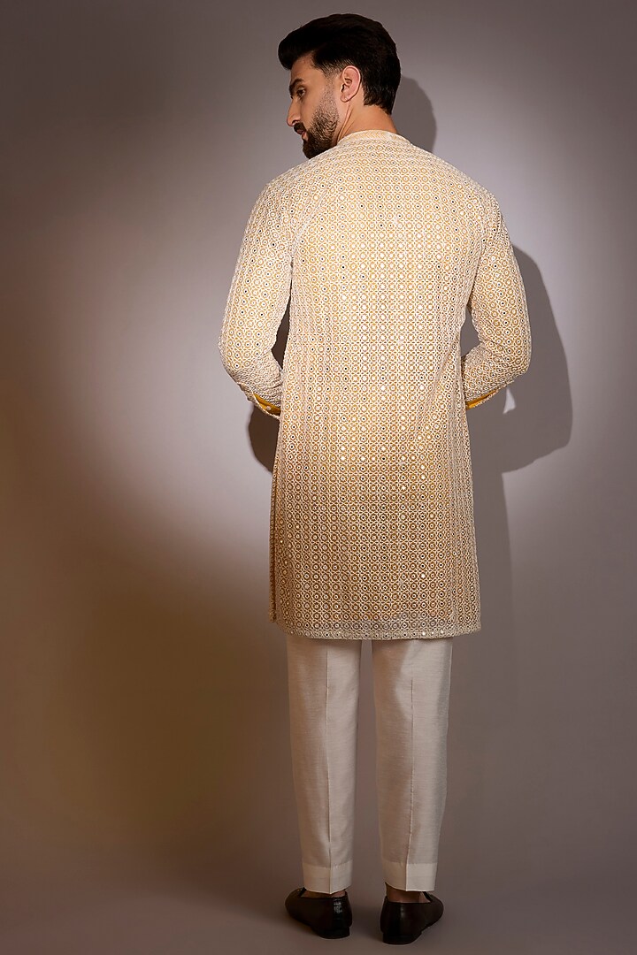 Off-White-Yellow Georgette Threadwork Kurta Set by Rabani & Rakha Men at Pernia's Pop Up Shop