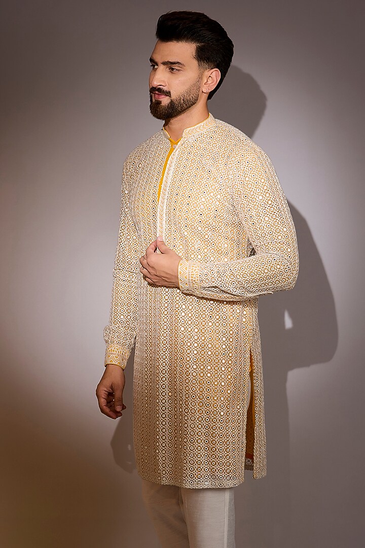 Off-White-Yellow Georgette Threadwork Kurta Set by Rabani & Rakha Men at Pernia's Pop Up Shop