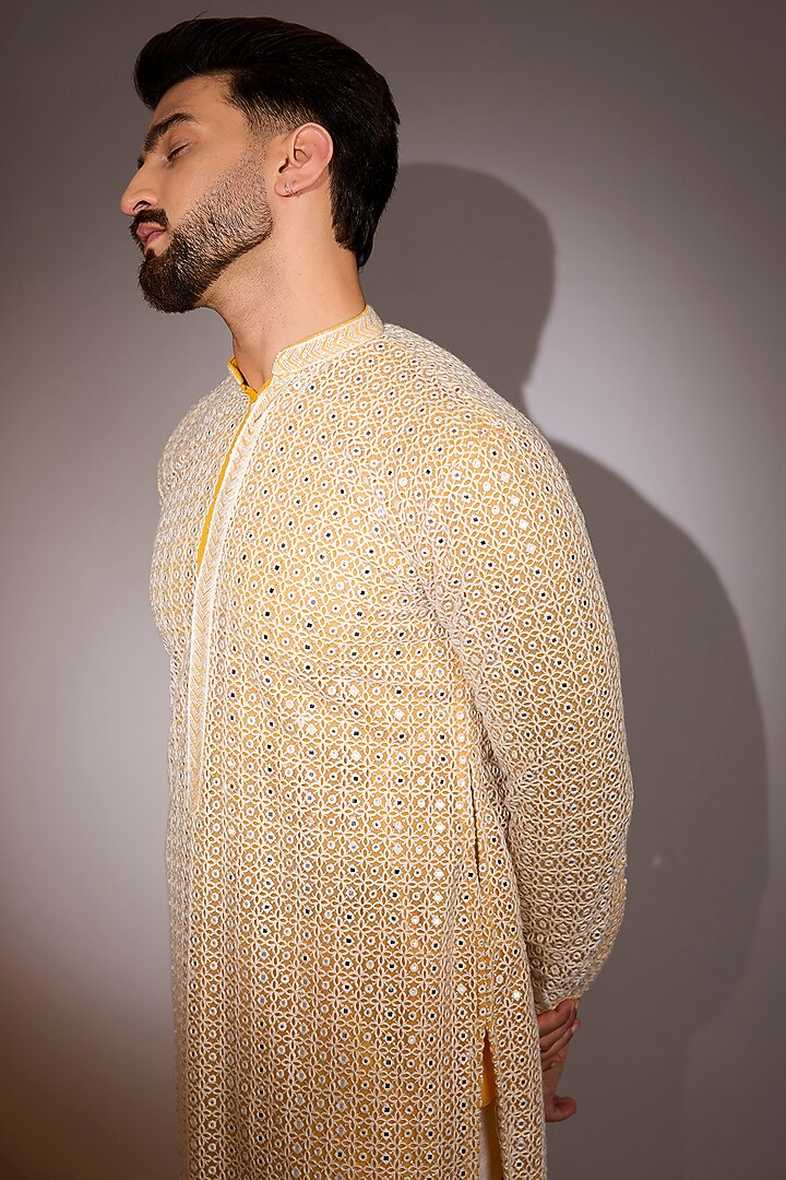 Off-White-Yellow Georgette Threadwork Kurta Set by Rabani & Rakha Men at Pernia's Pop Up Shop