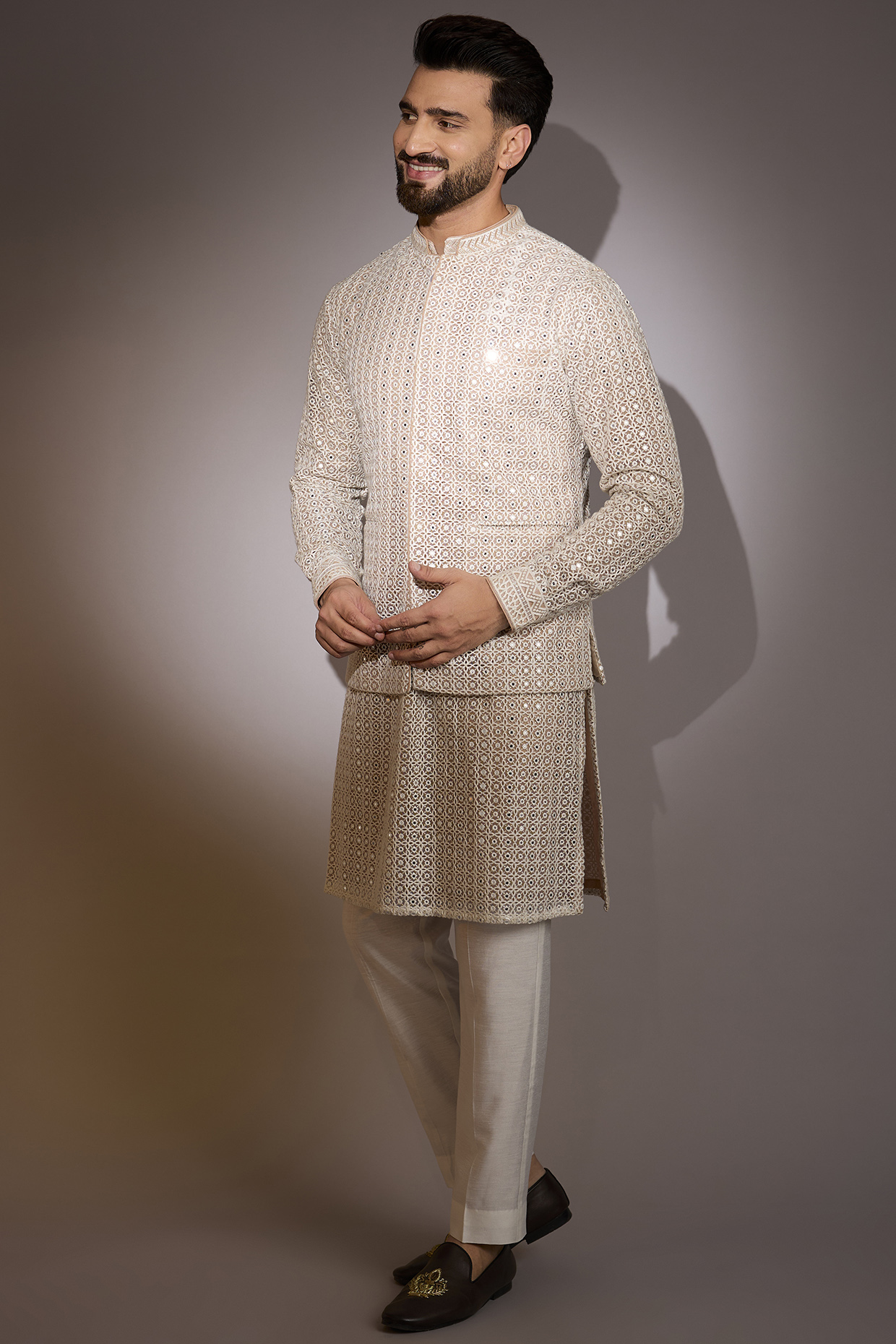 Off-White Net Threadwork Bundi Jacket Set by Rabani & Rakha Men