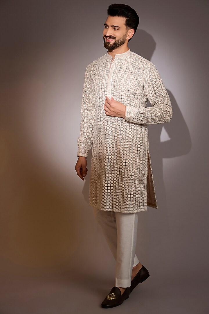 Off-White Net Threadwork Bundi Jacket Set by Rabani & Rakha Men at Pernia's Pop Up Shop