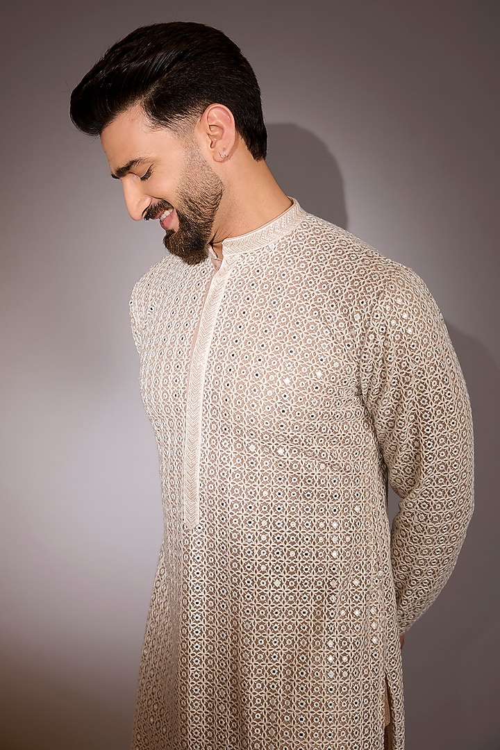 Off-White Net Threadwork Bundi Jacket Set by Rabani & Rakha Men at Pernia's Pop Up Shop