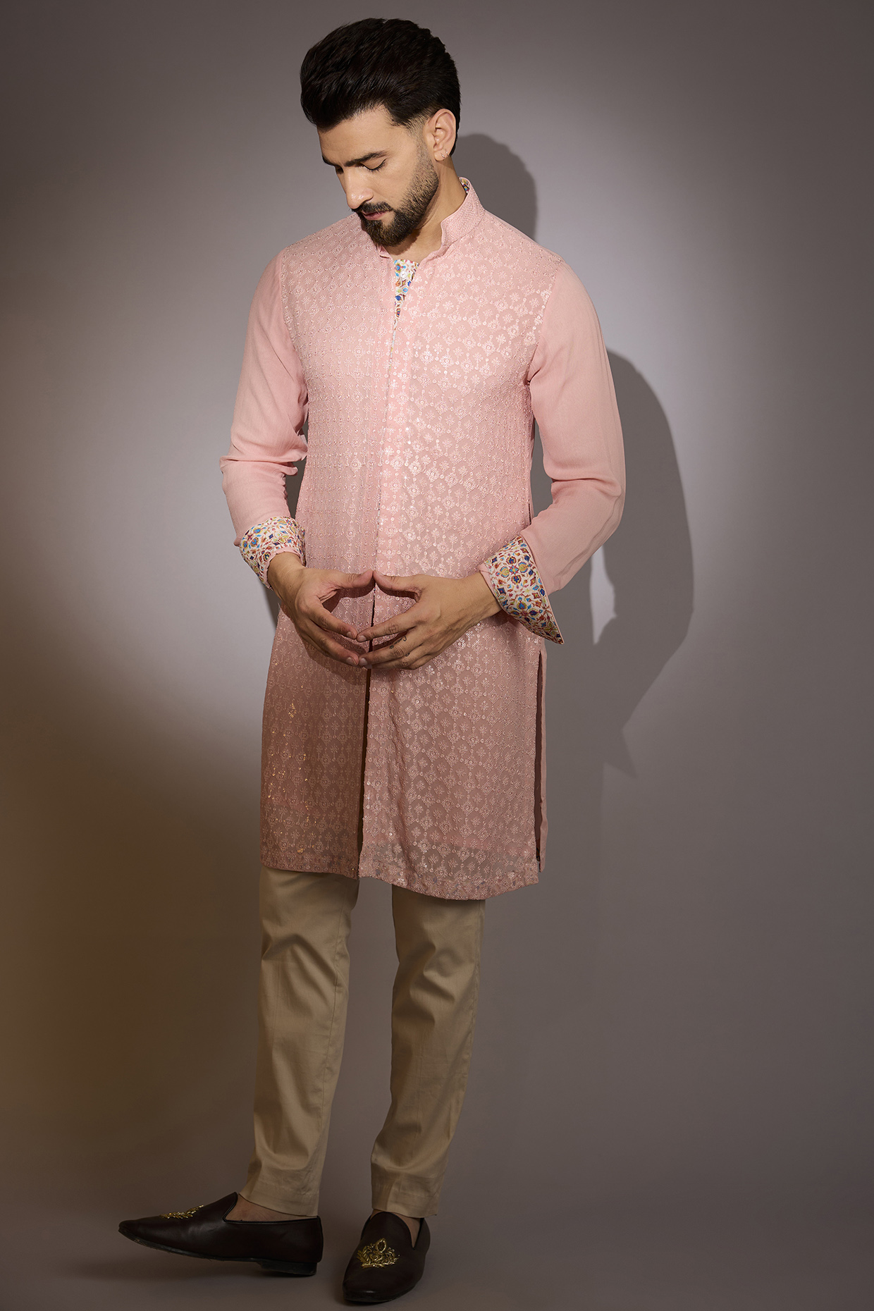 Peach Georgette Threadwork Kurta Set by Rabani & Rakha Men