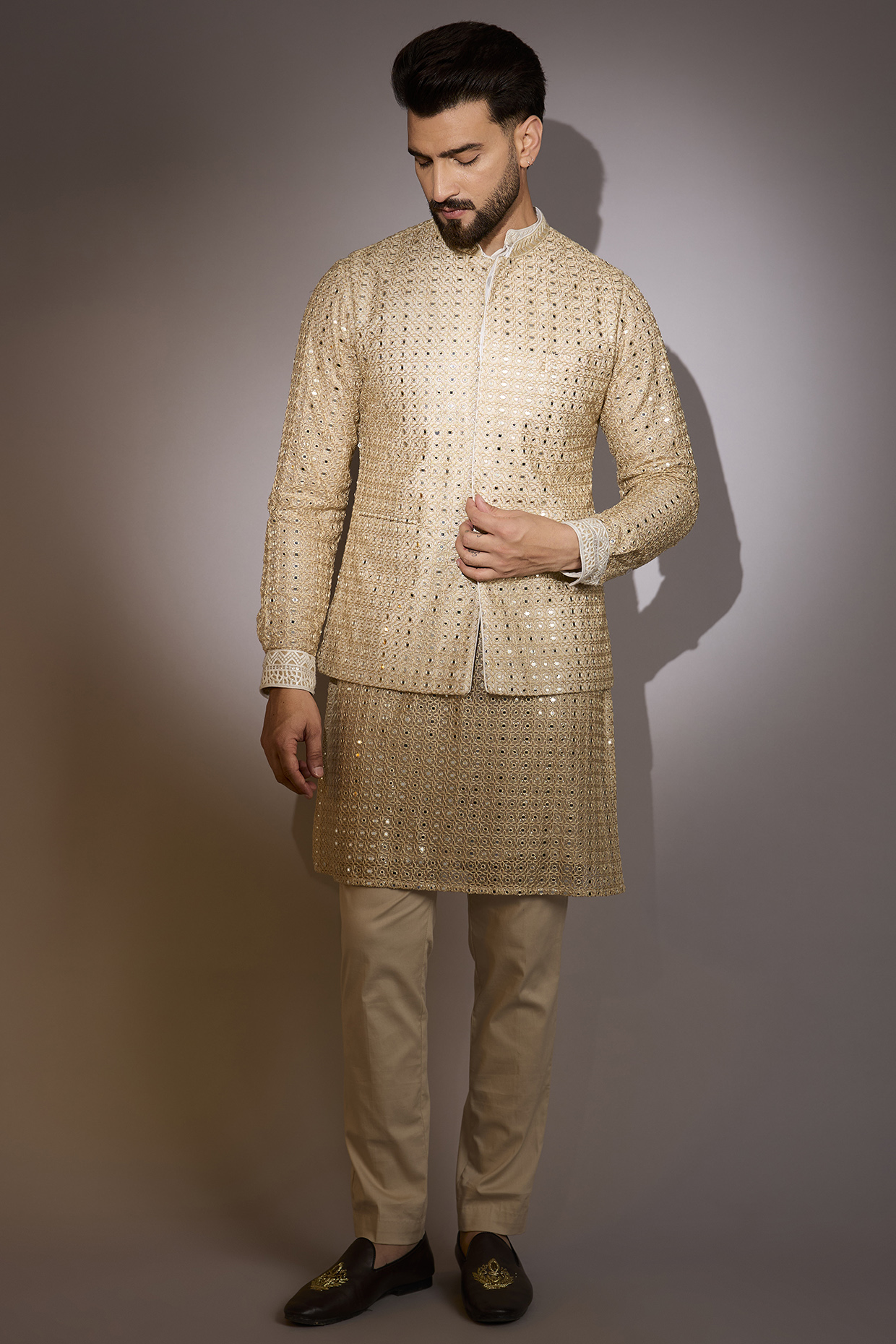 Gold Net Mirror Work Bundi Jacket Set by Rabani & Rakha Men