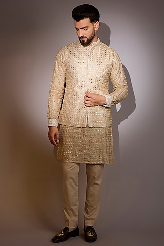 Gold Net Mirror Work Bundi Jacket Set by Rabani & Rakha Men
