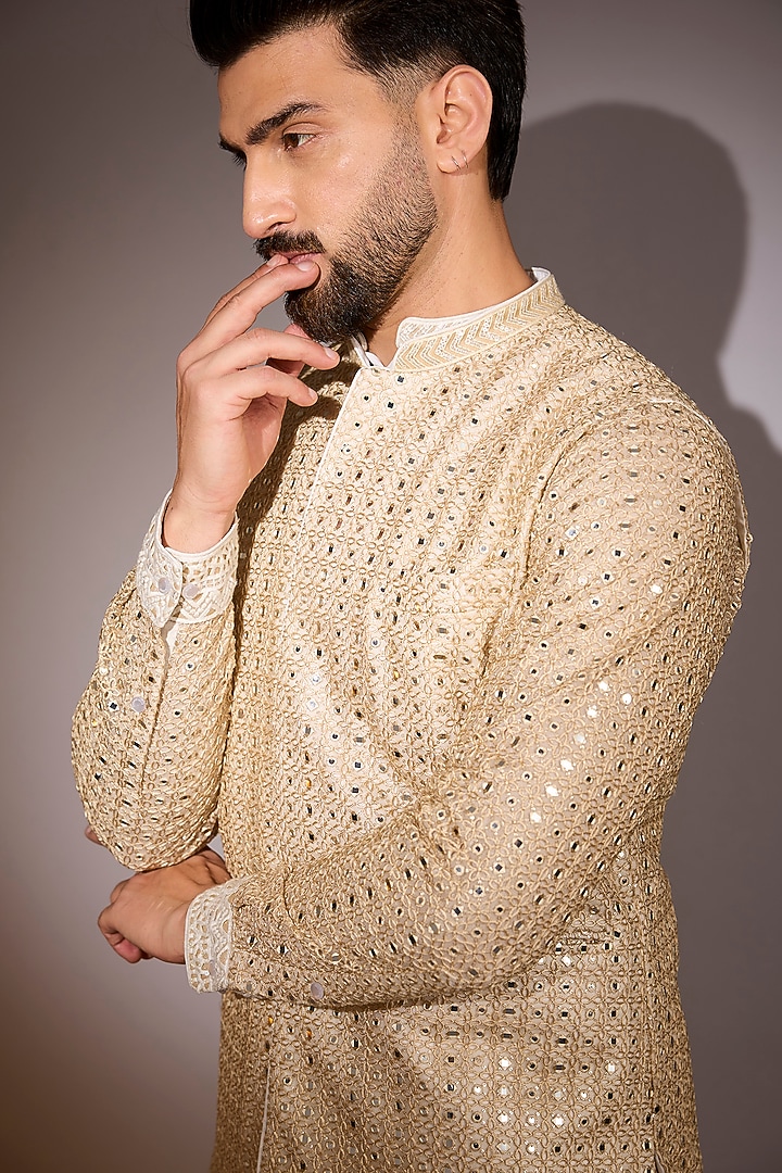 Gold Net Mirror Work Bundi Jacket Set by Rabani & Rakha Men at Pernia's Pop Up Shop