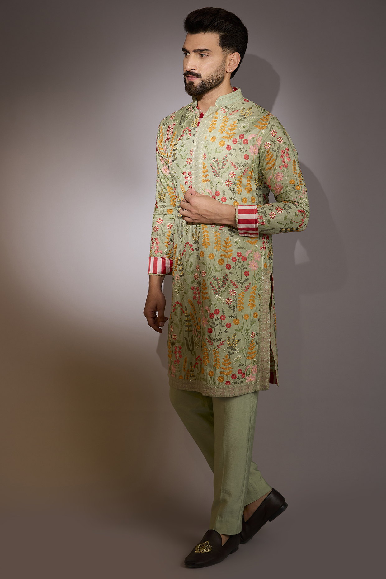 Pista Green Raw Silk Sequins Work Kurta Set by Rabani & Rakha Men