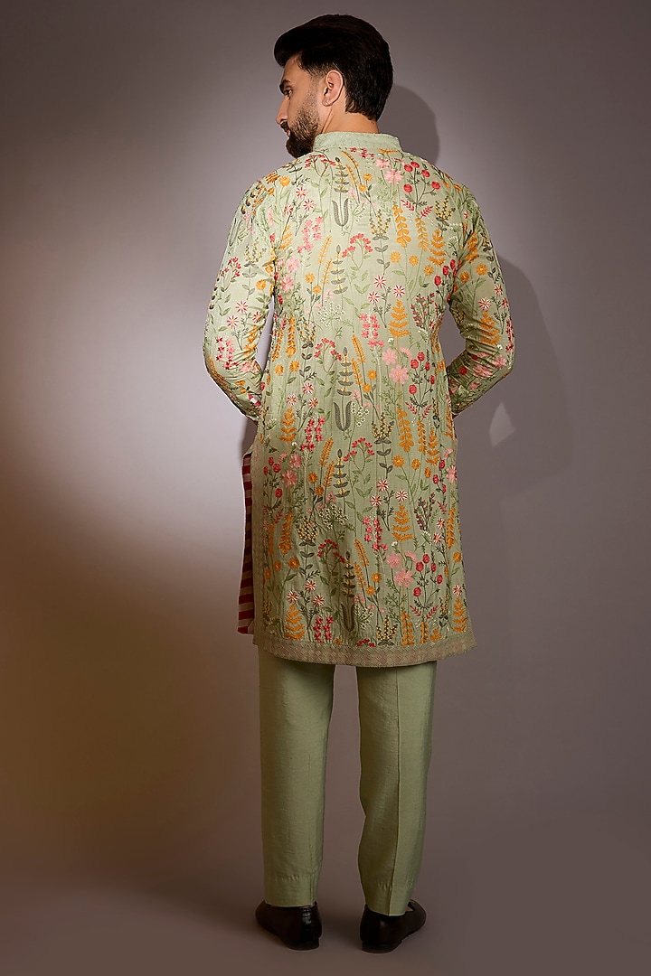 Pista Green Raw Silk Sequins Work Kurta Set by Rabani & Rakha Men at Pernia's Pop Up Shop