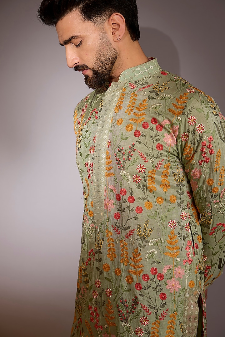 Pista Green Raw Silk Sequins Work Kurta Set by Rabani & Rakha Men at Pernia's Pop Up Shop