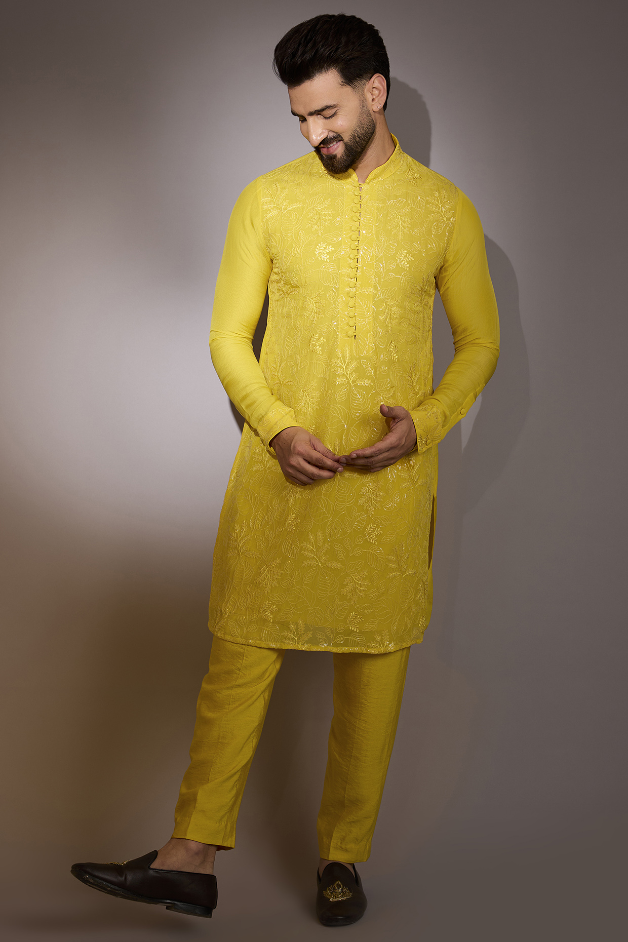 Yellow Organza Thread Embroidered Kurta Set by Rabani & Rakha Men