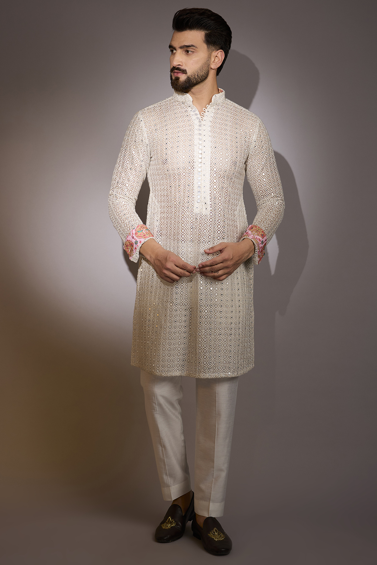 Off-White Net Mirror Work Kurta Set by Rabani & Rakha Men