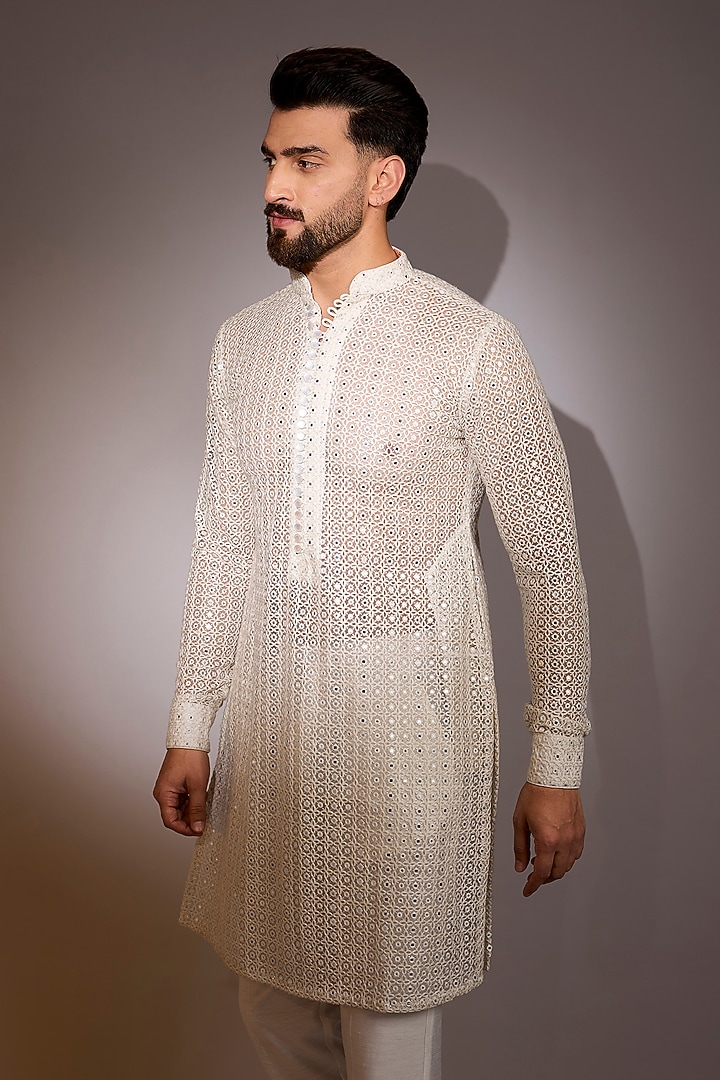 Off-White Net Mirror Work Kurta Set by Rabani & Rakha Men at Pernia's Pop Up Shop