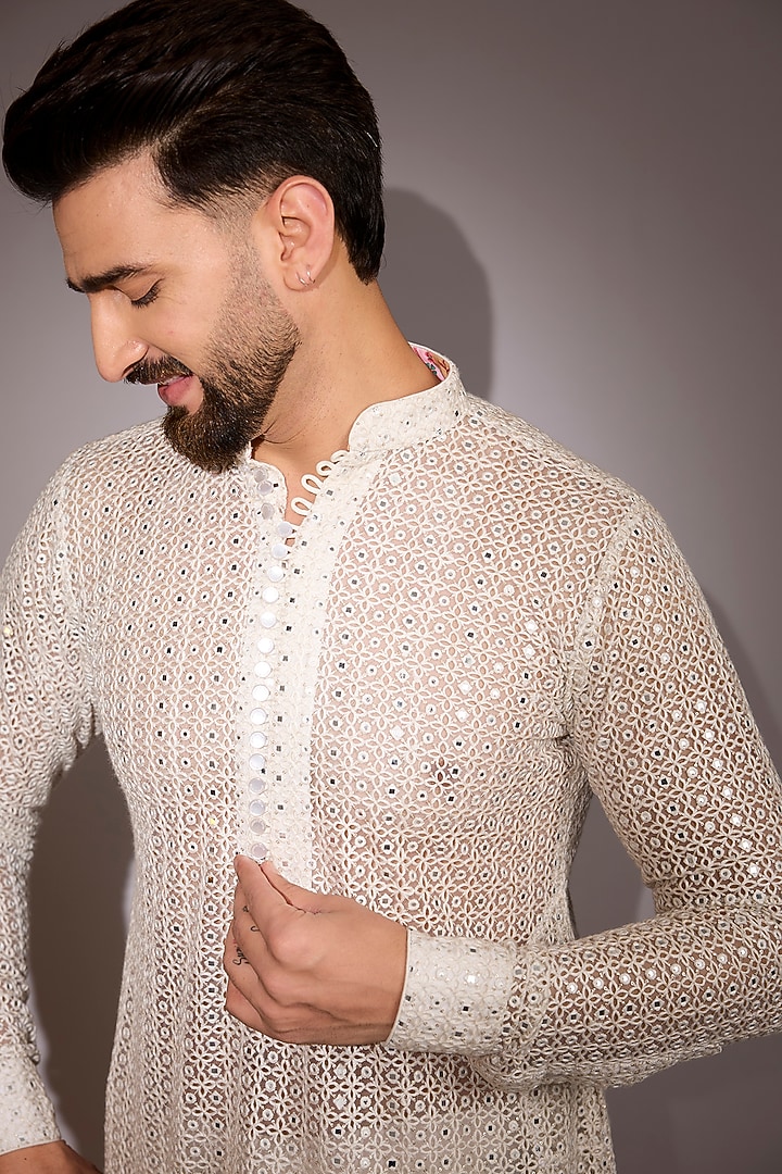 Off-White Net Mirror Work Kurta Set by Rabani & Rakha Men at Pernia's Pop Up Shop