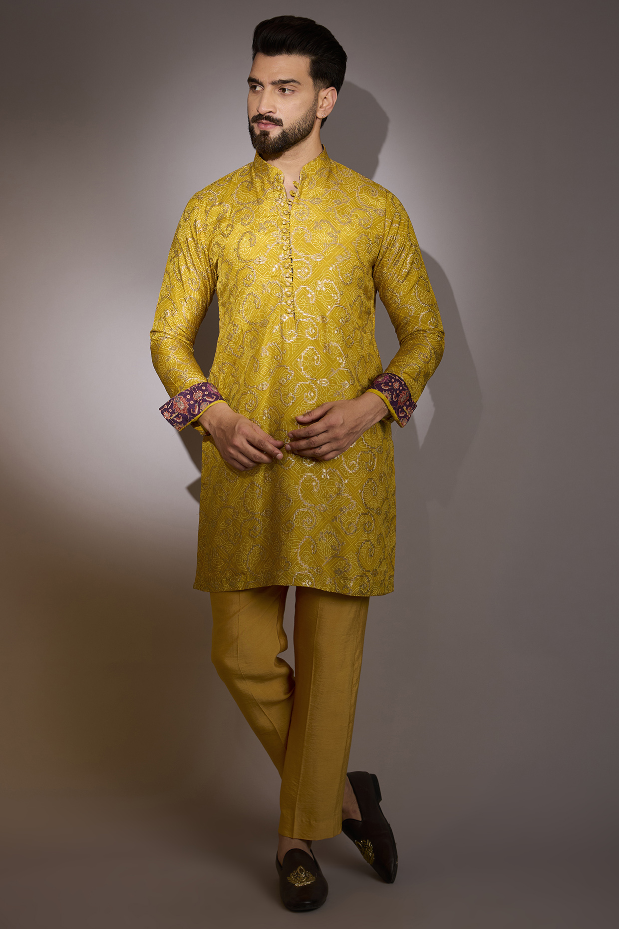 Mustard Yellow Silk Printed & Zari Work Kurta Set by Rabani & Rakha Men