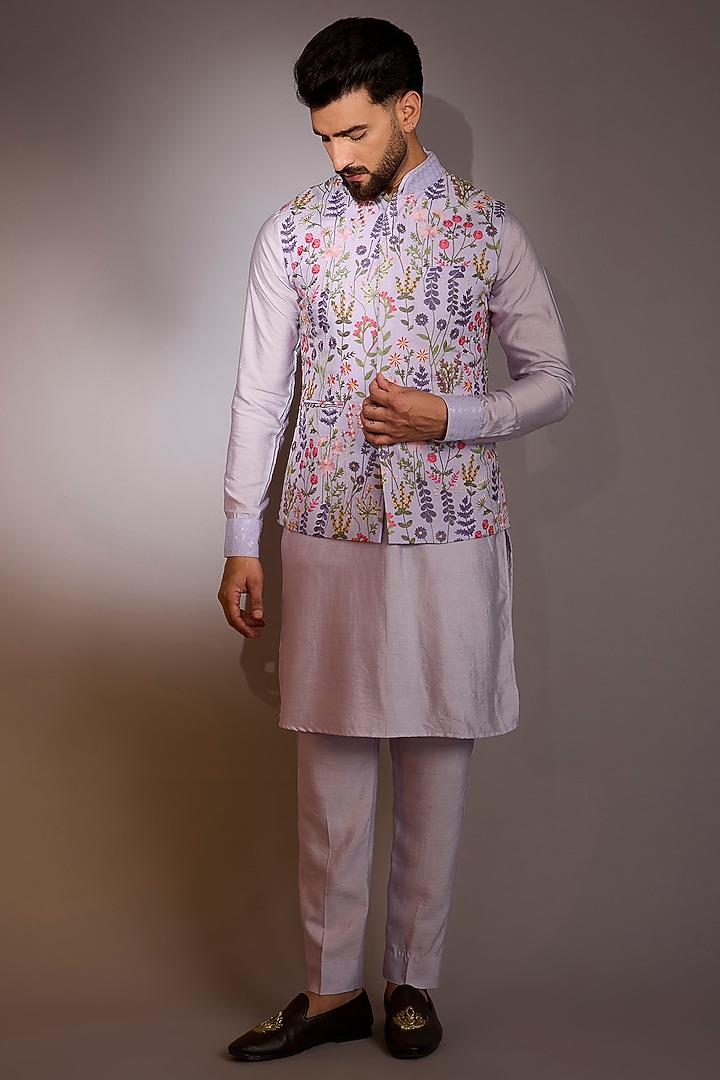 Lilac Raw Silk Sequins Work Bundi Jacket Set by Rabani & Rakha Men at Pernia's Pop Up Shop