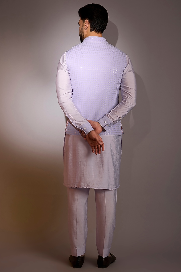 Lilac Raw Silk Sequins Work Bundi Jacket Set by Rabani & Rakha Men at Pernia's Pop Up Shop