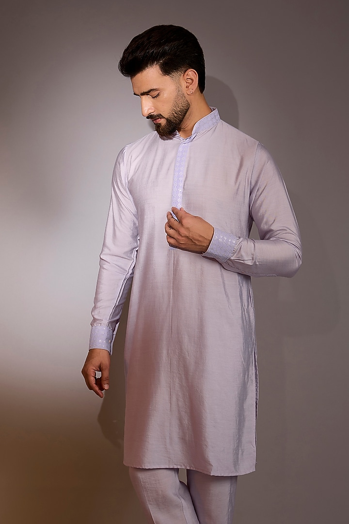 Lilac Raw Silk Sequins Work Bundi Jacket Set by Rabani & Rakha Men at Pernia's Pop Up Shop