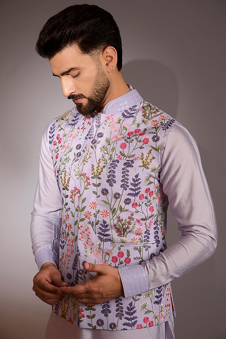 Lilac Raw Silk Sequins Work Bundi Jacket Set by Rabani & Rakha Men at Pernia's Pop Up Shop