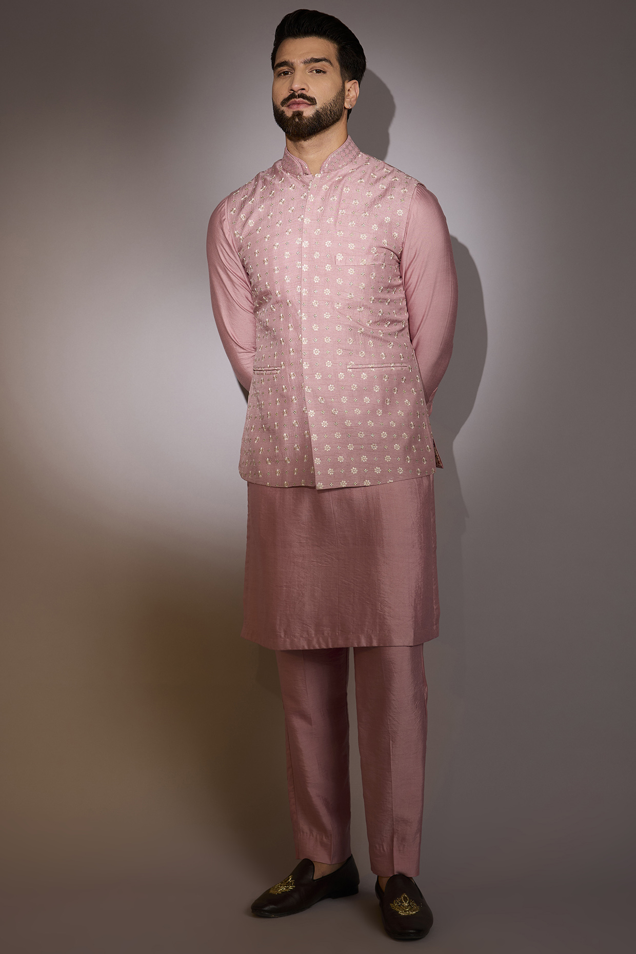Old Rose Pink Raw Silk Zariwork Bundi Jacket Set by Rabani & Rakha Men