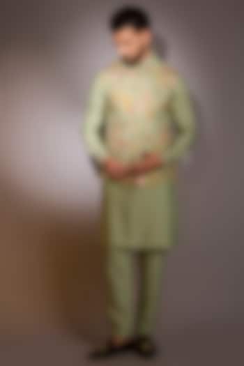 Pista Green Raw Silk Sequins Work Bundi Jacket Set by Rabani & Rakha Men at Pernia's Pop Up Shop