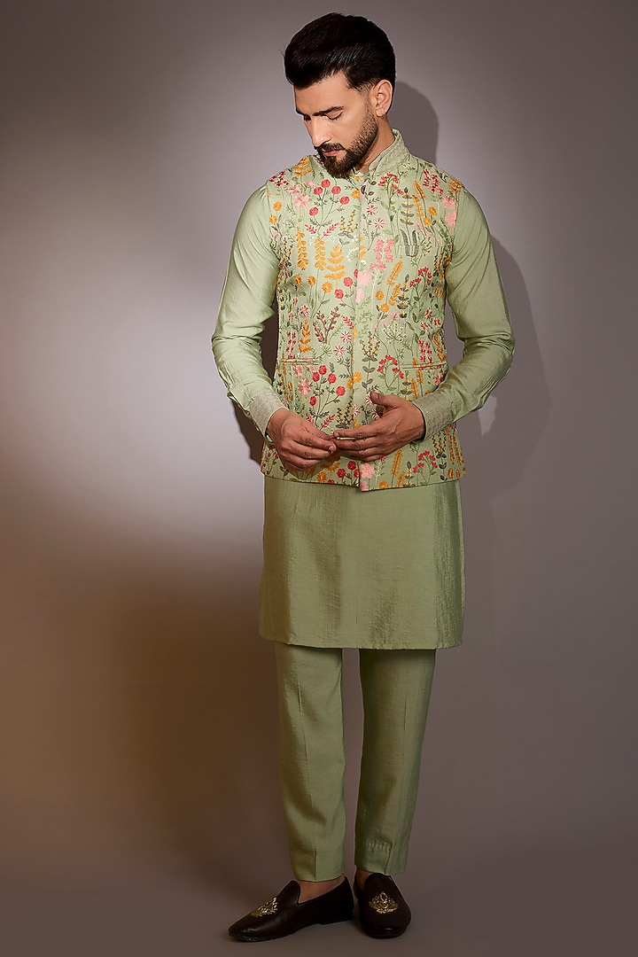 Pista Green Raw Silk Sequins Work Bundi Jacket Set by Rabani & Rakha Men at Pernia's Pop Up Shop