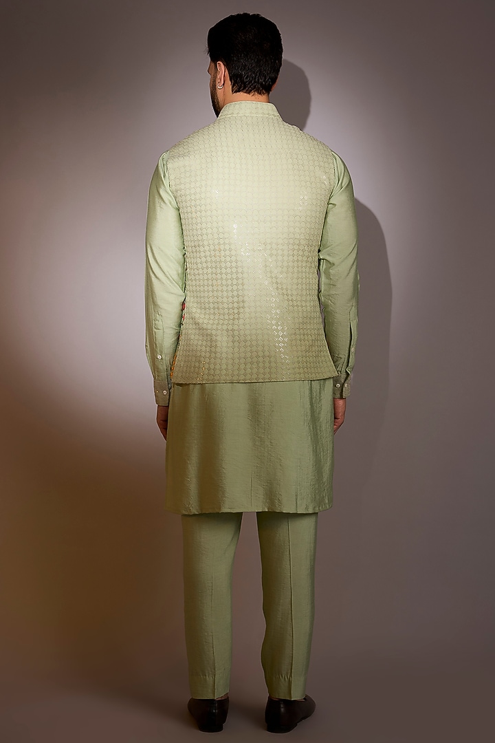 Pista Green Raw Silk Thread Work Bundi Jacket Set by Rabani & Rakha Men at Pernia's Pop Up Shop