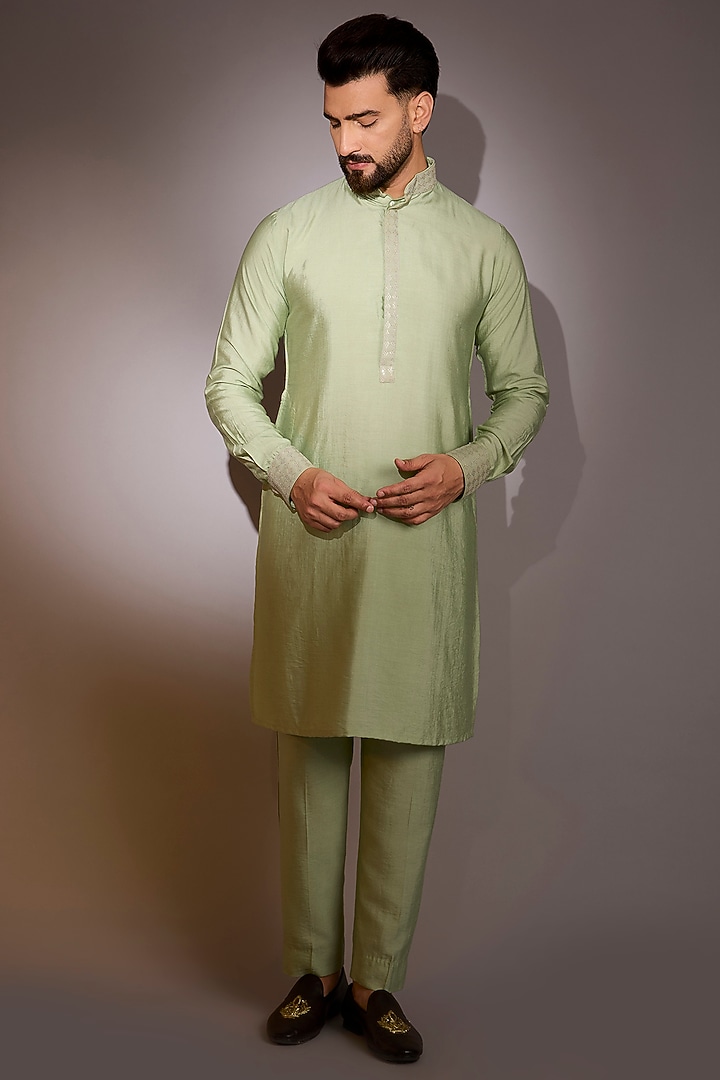 Pista Green Raw Silk Thread Work Bundi Jacket Set by Rabani & Rakha Men at Pernia's Pop Up Shop