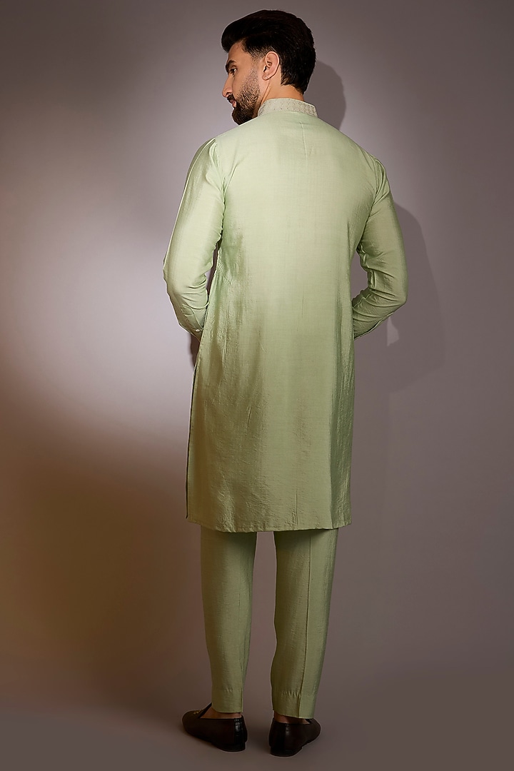 Pista Green Raw Silk Thread Work Bundi Jacket Set by Rabani & Rakha Men at Pernia's Pop Up Shop