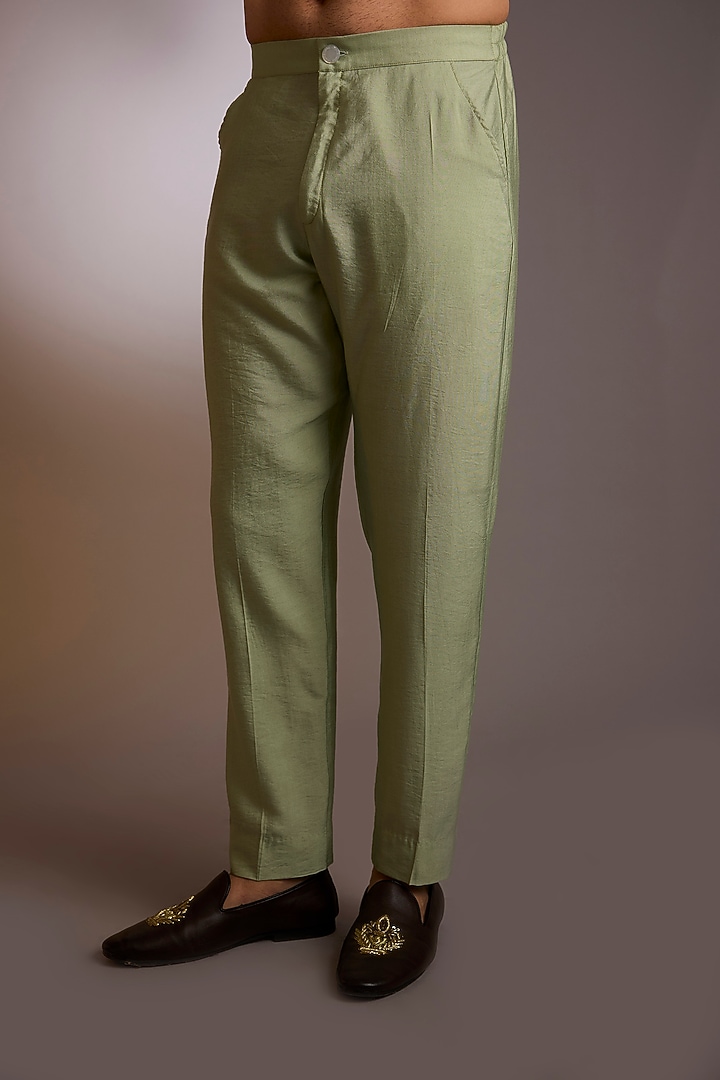 Pista Green Raw Silk Thread Work Bundi Jacket Set by Rabani & Rakha Men at Pernia's Pop Up Shop