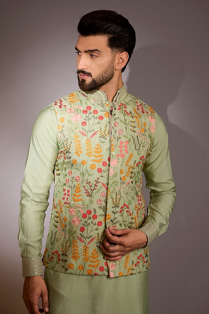 Pista Green Raw Silk Thread Work Bundi Jacket Set by Rabani & Rakha Men at Pernia's Pop Up Shop