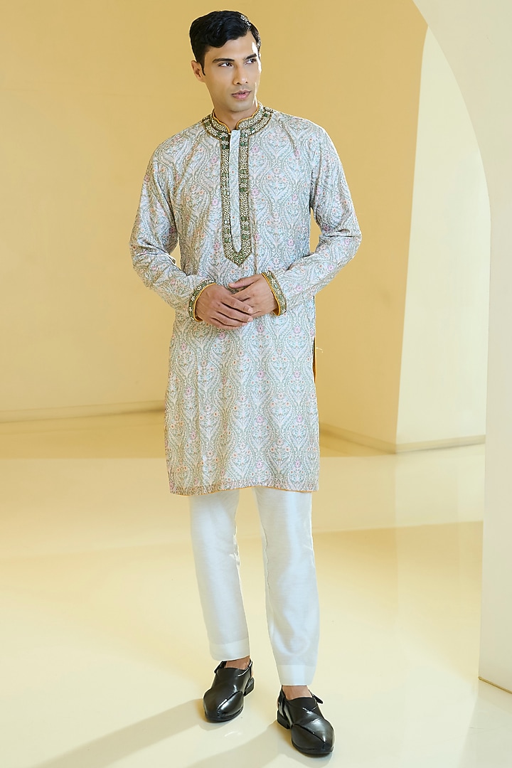Sage Green Silk Resham Work Kurta Set by Rabani & Rakha Men at Pernia's Pop Up Shop