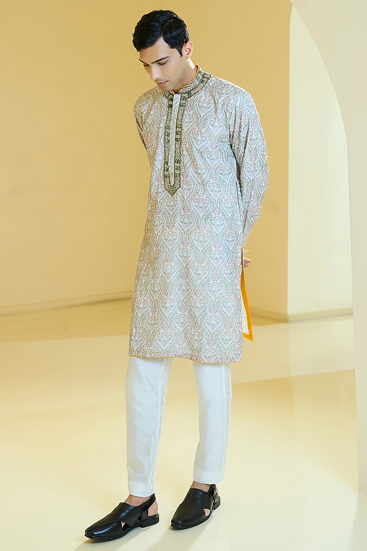 Sage Green Silk Resham Work Kurta Set by Rabani & Rakha Men at Pernia's Pop Up Shop