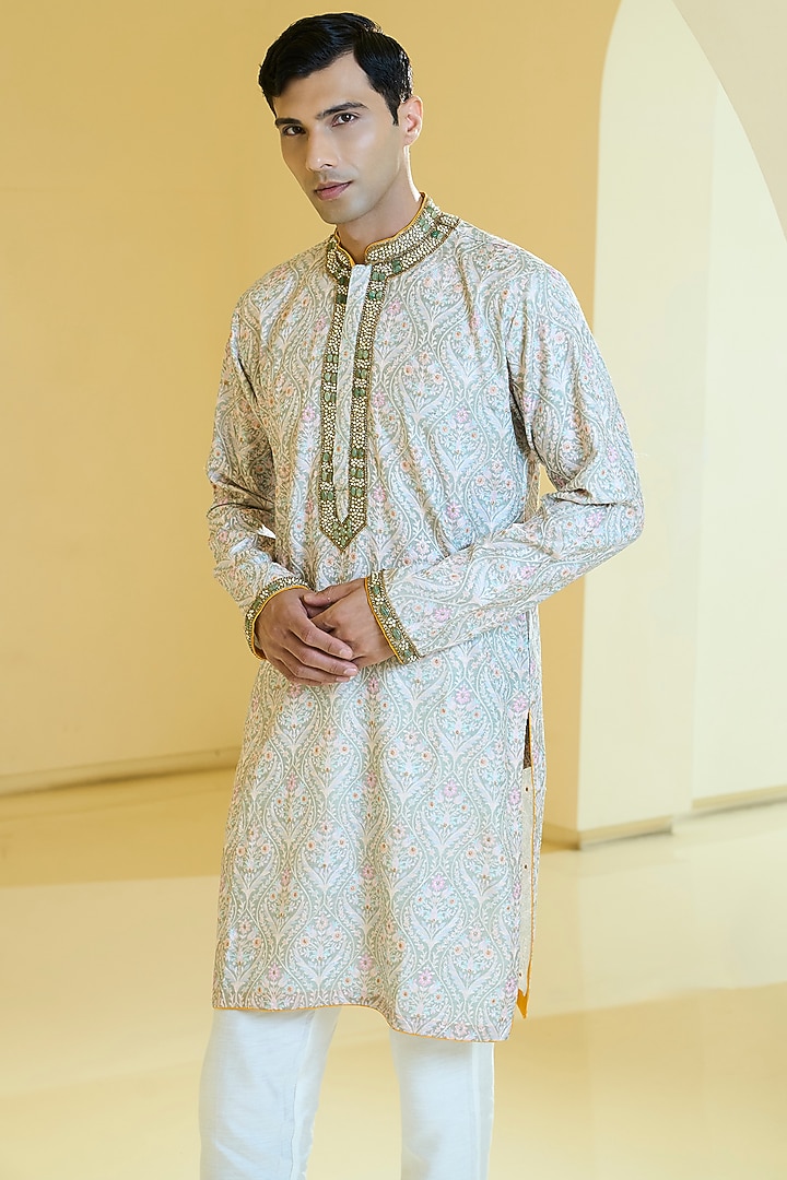 Sage Green Silk Resham Work Kurta Set by Rabani & Rakha Men at Pernia's Pop Up Shop