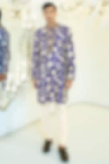 Indigo Blue Dupion Silk Pearl Work Kurta Set by Rabani & Rakha Men at Pernia's Pop Up Shop