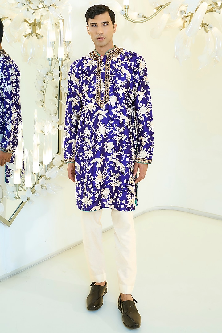 Indigo Blue Dupion Silk Pearl Work Kurta Set by Rabani & Rakha Men at Pernia's Pop Up Shop