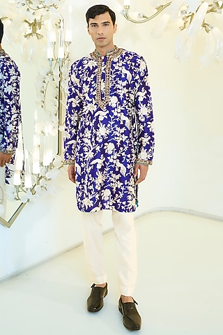 Indigo Blue Dupion Silk Pearl Work Kurta Set by Rabani & Rakha Men
