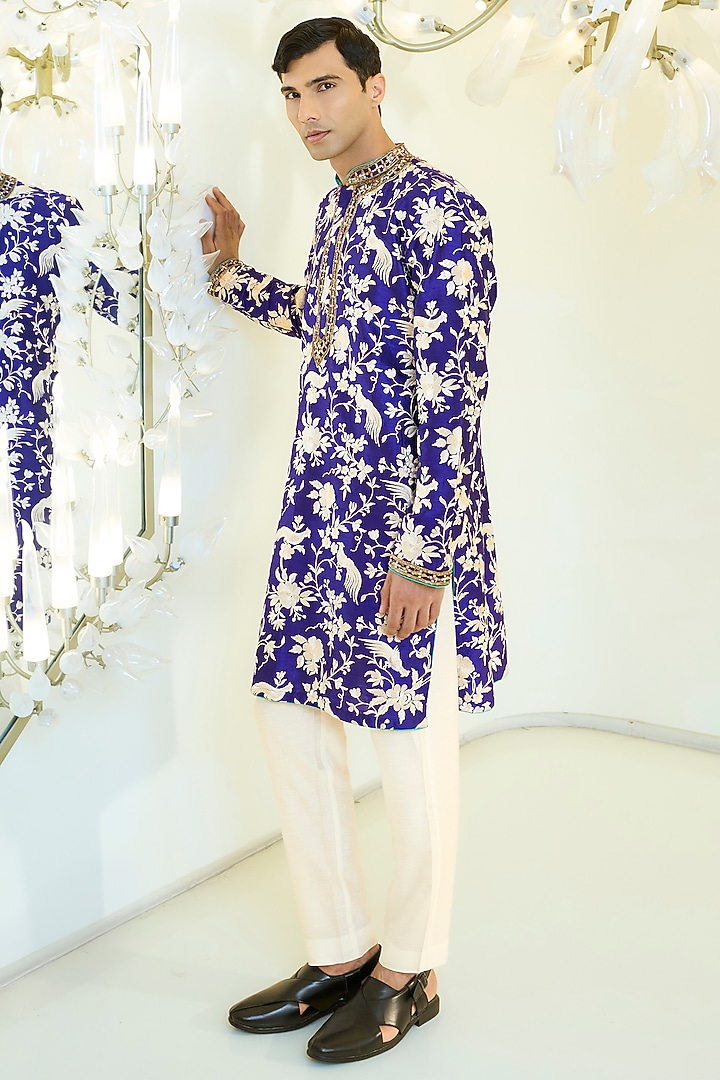 Indigo Blue Dupion Silk Pearl Work Kurta Set by Rabani & Rakha Men at Pernia's Pop Up Shop