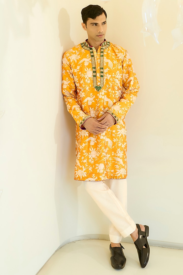 Haldi Yellow Dupion Silk Pearl Work Kurta Set by Rabani & Rakha Men at Pernia's Pop Up Shop