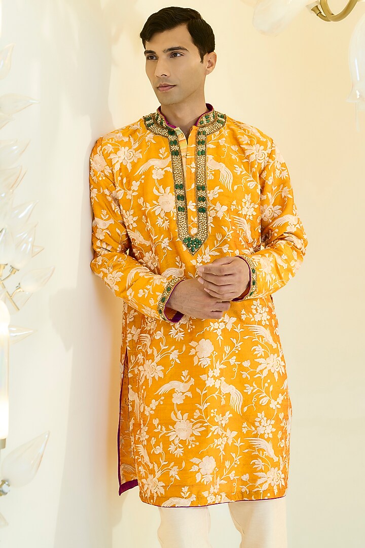 Haldi Yellow Dupion Silk Pearl Work Kurta Set by Rabani & Rakha Men at Pernia's Pop Up Shop