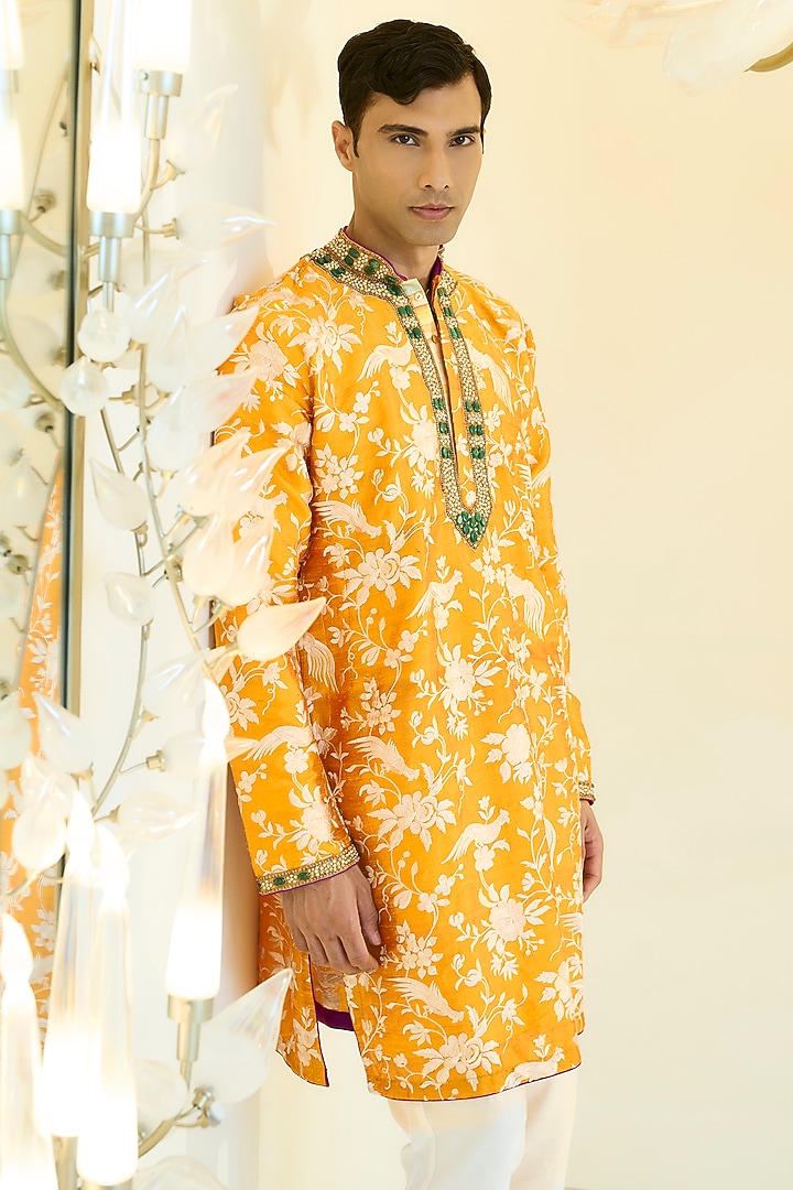 Haldi Yellow Dupion Silk Pearl Work Kurta Set by Rabani & Rakha Men at Pernia's Pop Up Shop