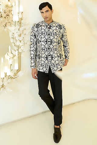 Black-White Georgette Threadwork Bandhgala Set by Rabani & Rakha Men