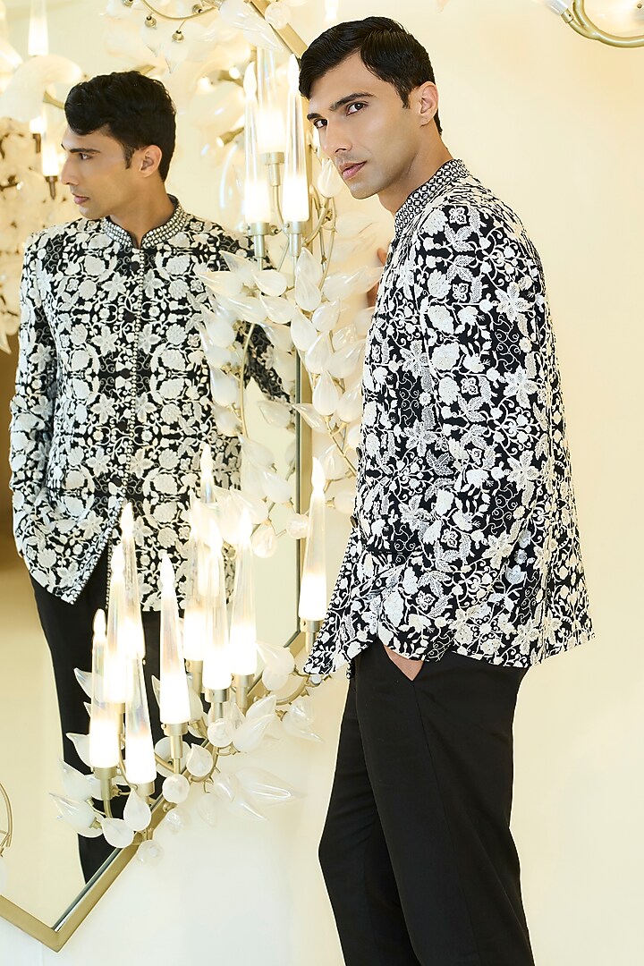 Black-White Georgette Threadwork Wedding Bandhgala Set by Rabani & Rakha Men at Pernia's Pop Up Shop