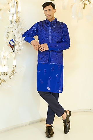 Indigo Blue Georgette Sequin Work Bundi Jacket Set by Rabani & Rakha Men