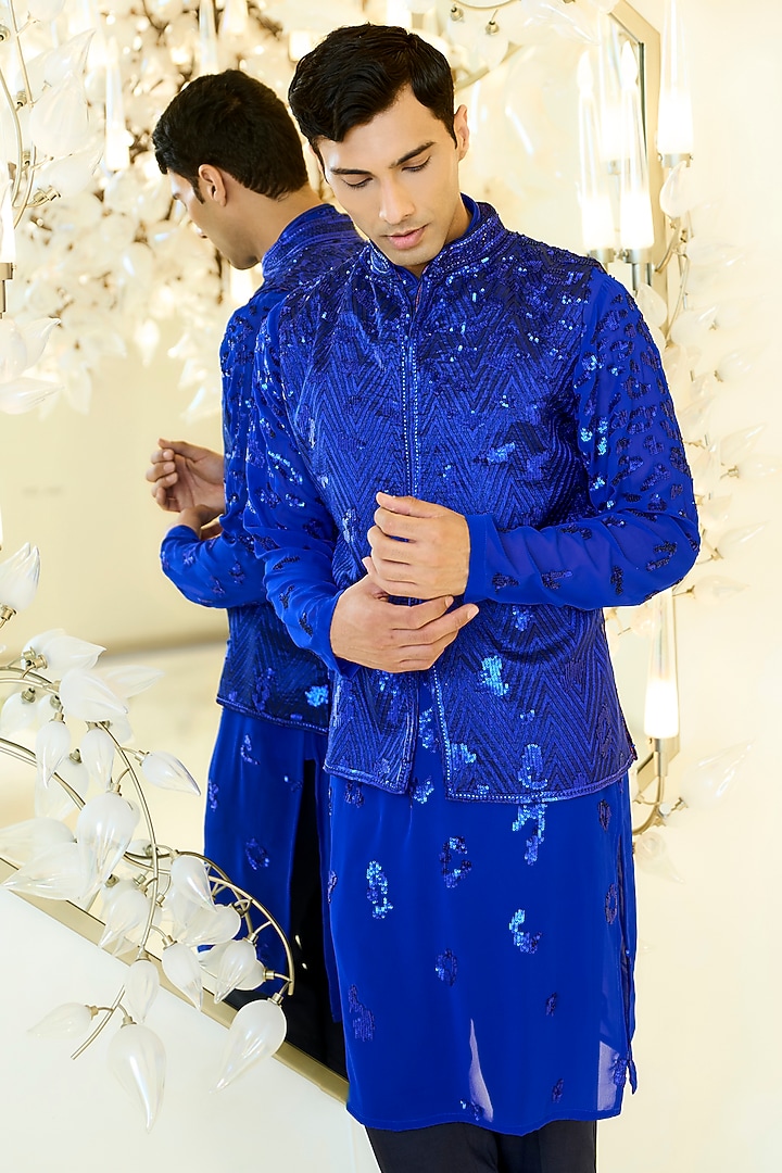 Indigo Blue Georgette Sequin Work Bundi Jacket Set by Rabani & Rakha Men at Pernia's Pop Up Shop