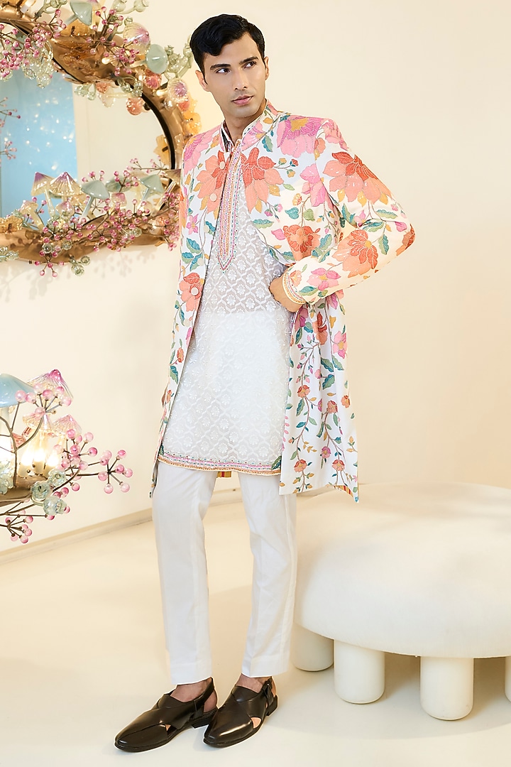 Ivory Georgette Floral Work Wedding Sherwani by Rabani & Rakha Men at Pernia's Pop Up Shop