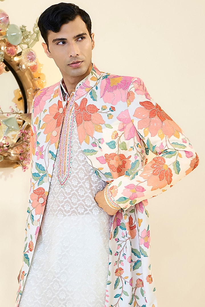 Ivory Georgette Floral Work Wedding Sherwani by Rabani & Rakha Men at Pernia's Pop Up Shop