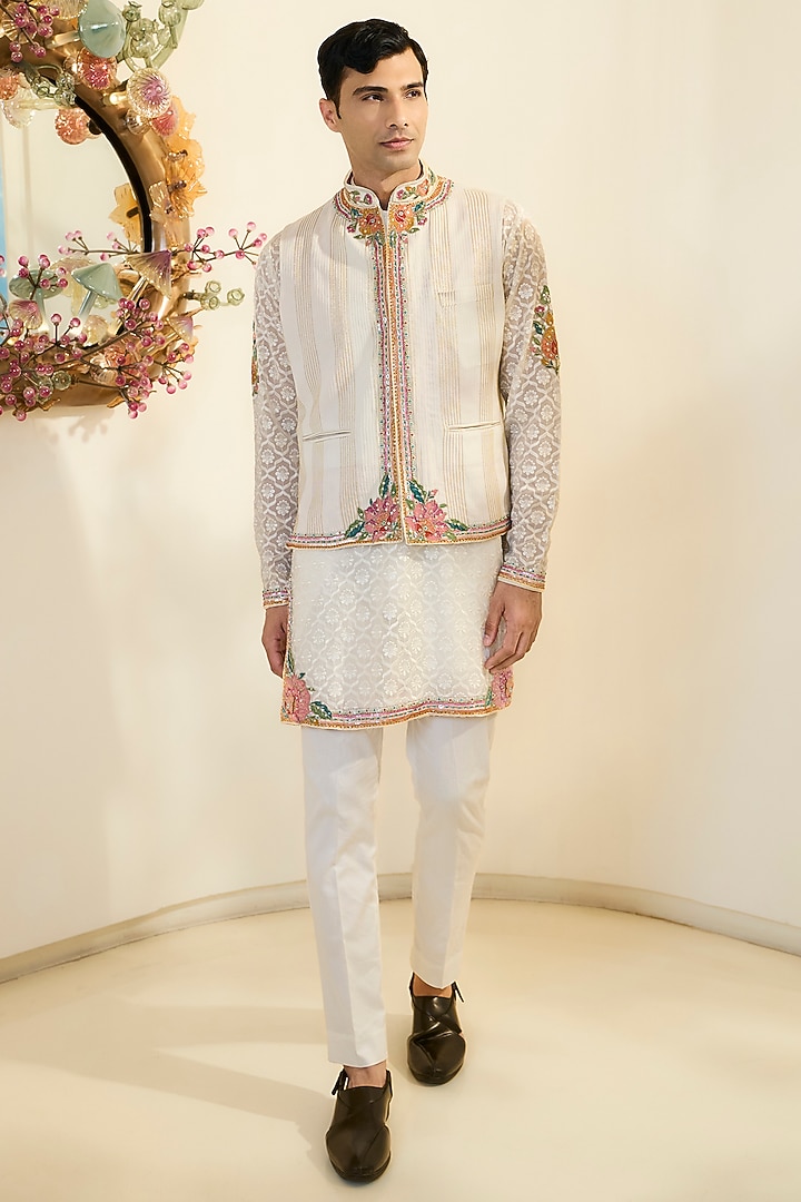 Ivory Georgette Cutdana Work Bundi Jacket by Rabani & Rakha Men at Pernia's Pop Up Shop